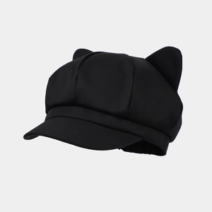 Close-up of cute black octagonal hat featuring unique 3D cat ear design details