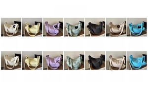 Detailed grid showing seven available colors of canvas crossbody bags with charm options