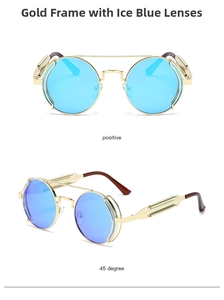 Detail of steampunk round sunglasses with gold metal frame and ice blue lenses