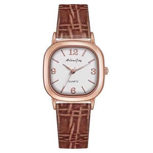 Elegant rose gold square quartz watch for women with brown leather croc strap