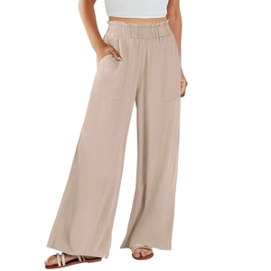 Pantaloni larghi in lino da donna a vita alta con grandi tasche in kaki chiaro