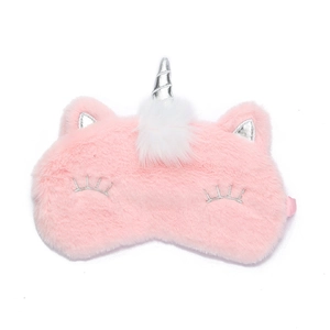 Cute pink plush unicorn sleep mask with silver horn and soft fuzzy texture for napping