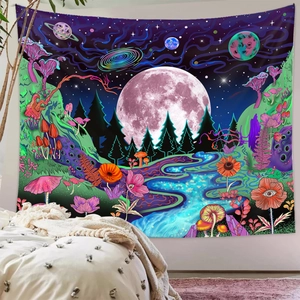 Vibrant trippy forest tapestry with glowing mushrooms and purple galaxy for room decor