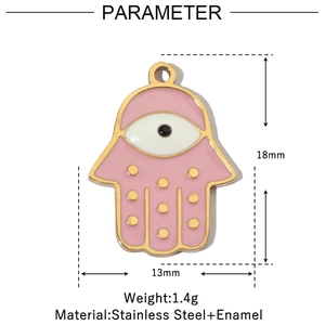 Detailed specs of pink enamel Hamsa hand pendant in stainless steel with dimensions