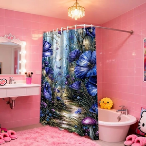 Detail of high-density waterproof polyester shower curtain with blue floral forest pattern
