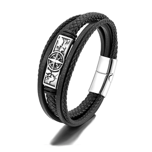 Men's multilayer black leather bracelet with silver compass rose and world map magnet clasp