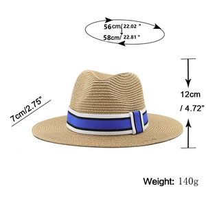Chapeau de soleil en paille pour femme avec ruban tricolore et dimensions