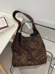 Leopard print faux suede tote bag with large capacity and shoulder strap for women
