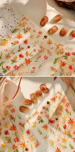 Detailed autumn nail stickers featuring watercolor maple leaves and mushrooms on nails