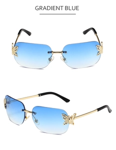 Detail view of gradient blue rimless sunglasses featuring crystal butterfly accents