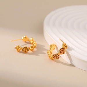 18K gold plated vintage rose carved C-shaped hoop earrings with romantic floral texture