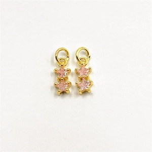 Golden double star charm with pink zircon inlay for DIY jewelry making and pendants