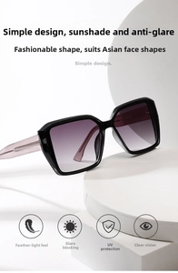 Detail of square black frame sunglasses with purple gradient lenses on a white pedestal