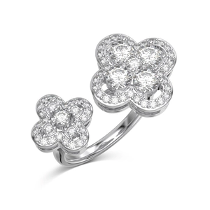 Exquisite S925 sterling silver open ring with double clover motifs and cubic zirconia