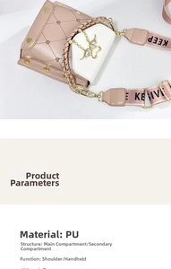 Detail of pink and white PU leather handbag featuring quilted heart and pearl strap