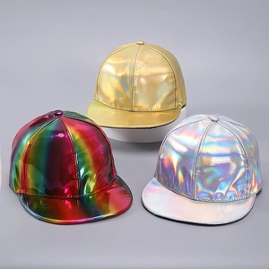 Three hip hop PU leather baseball caps in metallic iridescent, gold, and silver finishes