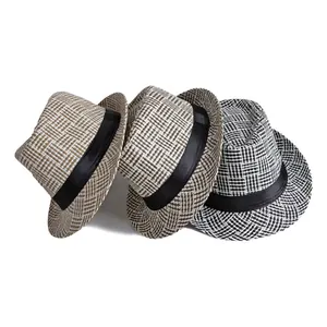 Outdoor retro straw fedora hats for men and women with vintage plaid patterns