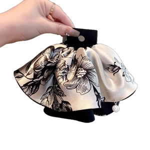 French vintage floral hair scrunchie with white pearl pendant on display card