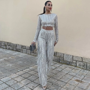 Women Sequin Tassel Long Sleeve Crop Top And High Waist Wide Leg Pants Party Clubwear Sparkling Elegant Evening Outfit