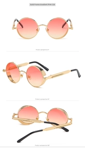Steampunk round sunglasses with gold metal frame and pink gradient lenses in three views