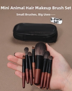 Close-up of 8pcs mini travel makeup brushes with natural animal hair and wood handles