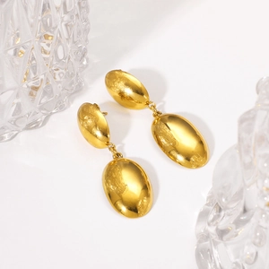 Chic 18K gold plated stainless steel double oval drop earrings on white background