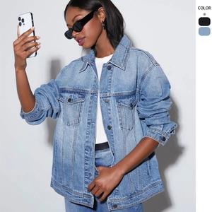 Women Oversized Denim Jacket Washed Cotton Blend Loose Fit Button Down Lapel Long Sleeve Pockets Retro Streetwear