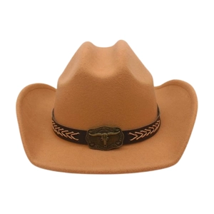 Classic wide-brim western cowboy hat with brown leather band and metal bull head buckle