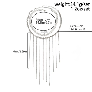 Detailed size parameters of silver double-layered pearl tassel choker with dimensions
