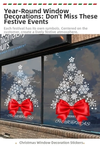 Detailed view of Christmas tree window stickers with red bows on a glass storefront