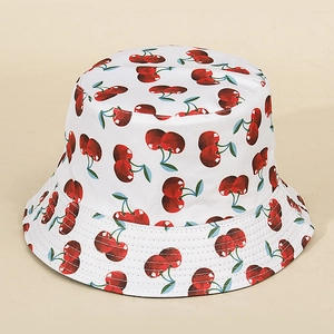 White cotton fisherman bucket hat with cherry pattern print for sun protection