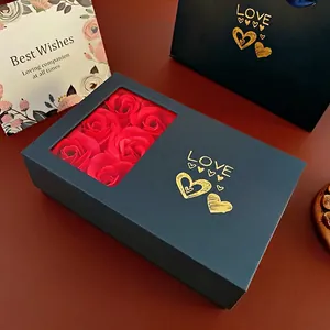 Navy blue romantic jewelry gift box with red soap roses and matching tote bag set