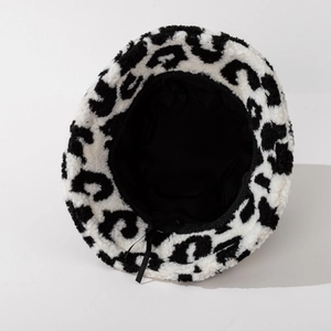 Leopard print faux fur bucket hat with warm plush texture and adjustable inner strap