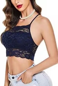 Detail of navy lace bralette with floral patterns and delicate eyelash lace trim