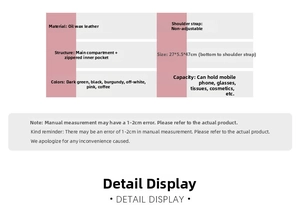 Detailed size specifications for wax leather crossbody bag with interior pocket layout