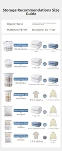 Detailed size guide table for thick vacuum storage bags and clothing capacity chart