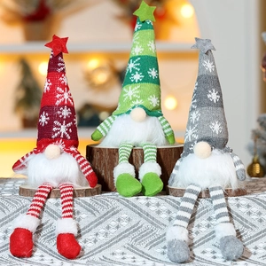 Christmas Glowing Gnome Faceless Doll Knit Snowflake Hat Faux Fur Beard Long Legs LED Light Tabletop Ornament