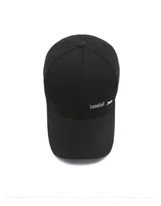 Detailed top view of black cotton baseball cap with white embroidery and stitched panels