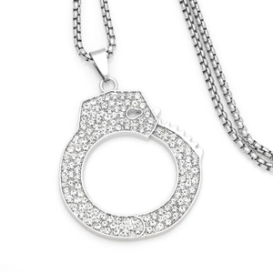 Men's stainless steel handcuff pendant necklace with white rhinestones on box chain