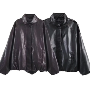 Faux Leather Jacket Women Stand Collar PU Moto Coat Long Sleeve Streetwear Vintage Outerwear Zip Up