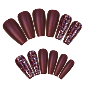 Deep wine red coffin-shaped press-on nails with matte finish and glitter accents