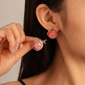 Vintage small square resin stud earrings with red texture and gold metal border