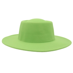 Detail of light green wool felt fedora showing flat brim and fine stitching finish