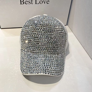 White baseball cap with silver rhinestones and glitzy butterfly sequins for women