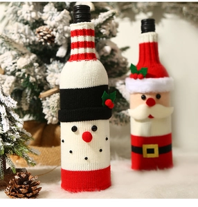 Detailed knit texture of snowman and Santa Claus wine bottle covers for Christmas decor