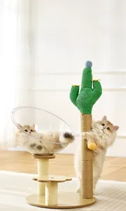 Detail of cactus cat tree with sisal pillars, wood platforms and acrylic space capsule