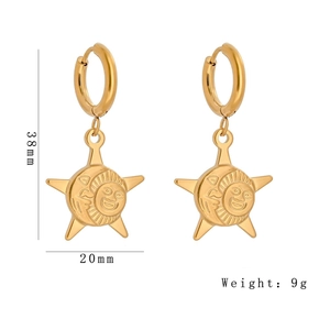 Gold celestial earrings with sun moon star charms and dimensions 38mm by 20mm