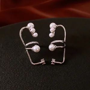 Elegant French silver ear cuffs with white pearls and sparkling zircons for non-pierced ears