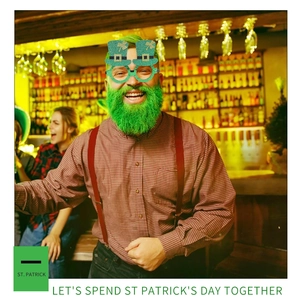 Man in a bar wearing green shamrock glasses and fake beard for St. Patrick's Day party