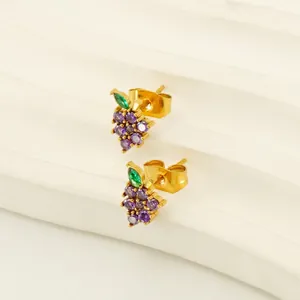 Grape Stud Earrings Stainless Steel With 18K Gold Plated Purple Green Zircon Fruits Shape Cute Fashion For Women